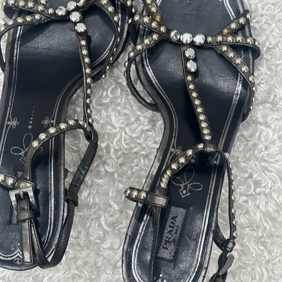 Prada Grey Metallic Studded Leather T Strap Sandals Size 39.5 - Picture 12 of 12